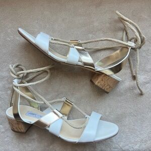 Jimmy Choo Women 11 EU43 White & Gold Leather Rope Tie Cork Block Heel Sandal